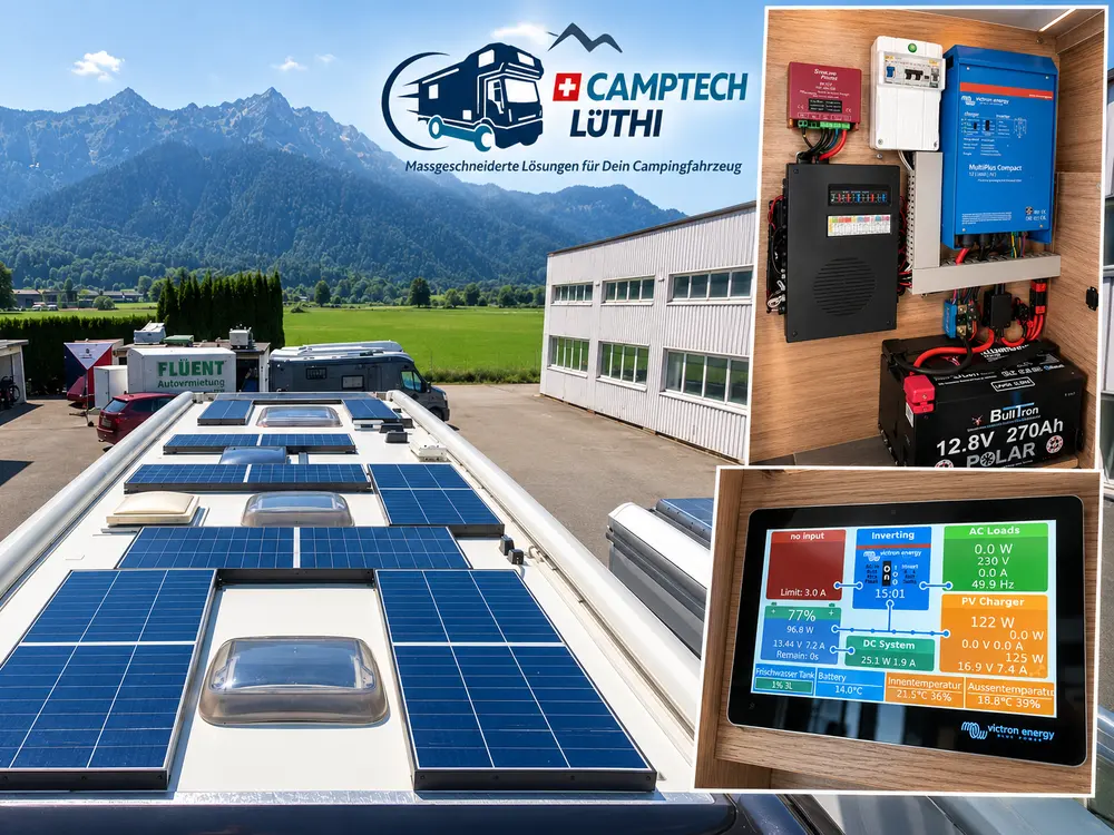Solaranlage auf dem Dach, Victron-Batteriesystem und Anzeige im Fahrzeug