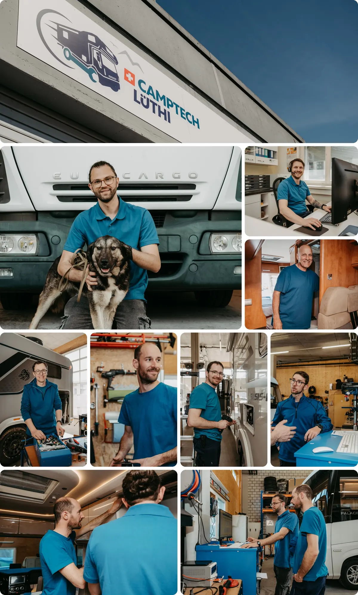 Das Team von Camptech Lüthi in Interlaken: Werkstatt, Büro und das ganze Team vor einem umgebauten Expeditionsfahrzeug